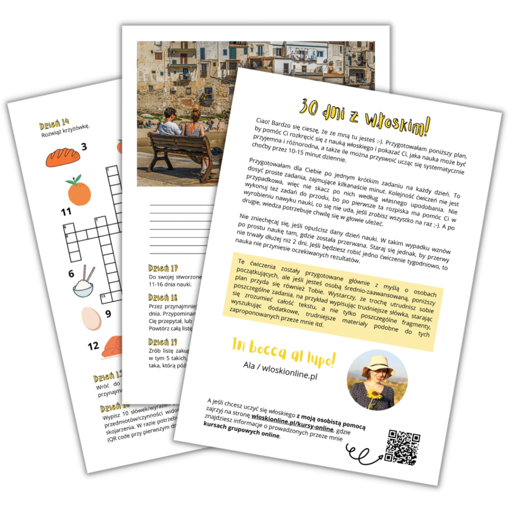 3 przykładowe strony z planu do nauki języka włoskiego
